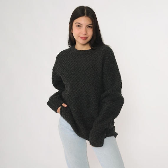 Chunky Lambswool Sweater Vintage 90s GAP Black Textured Knit Crewneck Long Sleeve Pullover Winter Ski Cabin Lodge Cozy Warm Large L