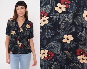 90s Floral Blouse Black Tropical Rayon Short Sleeve Shirt Button Up Top Flower Print Vintage Collared Red Yellow Oversize Medium
