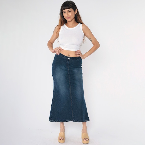 Y2K Denim Maxi Skirt Vintage Tight High Rise Jean Skirt Retro 2000s Streetwear Faded Dark Wash Blue Pencil Skirt 00s Medium Women's