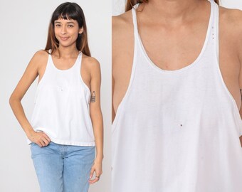 White Tank Top 90s Racerback Tee Low Armhole Muscle Tee Distressed Sleeveless Shirt Casual Basics Cotton Vintage 1990s Extra Large xl