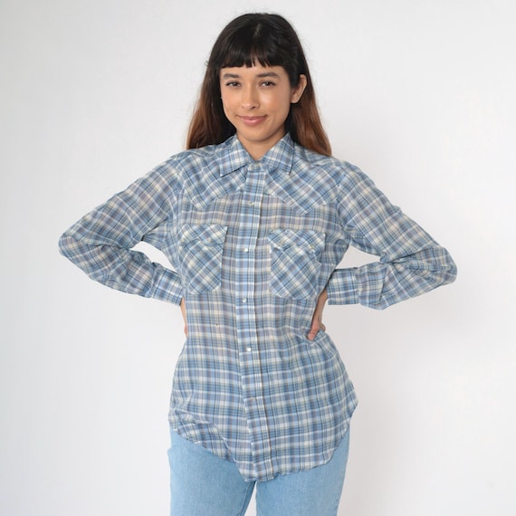 Vintage Levi's Western Shirt 90s Blue Plaid Pearl Snap Shirt Thin Checkered Long Sleeve Button Up Rodeo Cowboy Top White 1990s Men's Medium