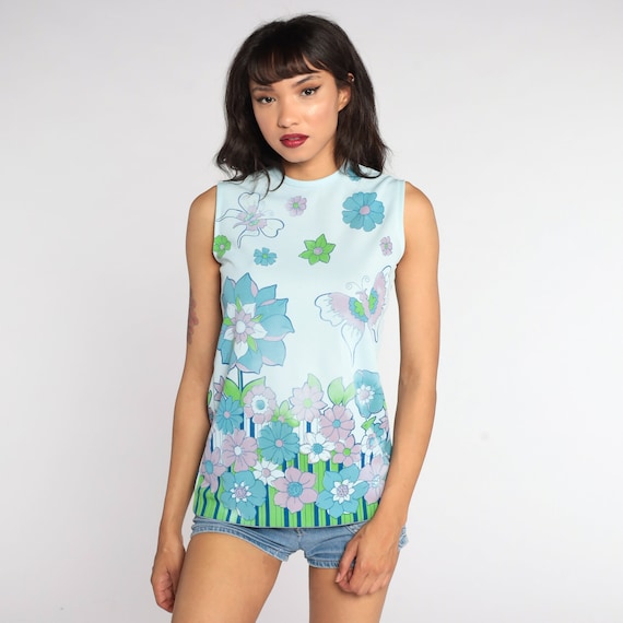 Butterfly Tank Top 70s Hippie Blouse Blue Floral Shirt Psychedelic Boho Shirt Sleeveless Vintage Bohemian Shirt 1970s Tunic Small S