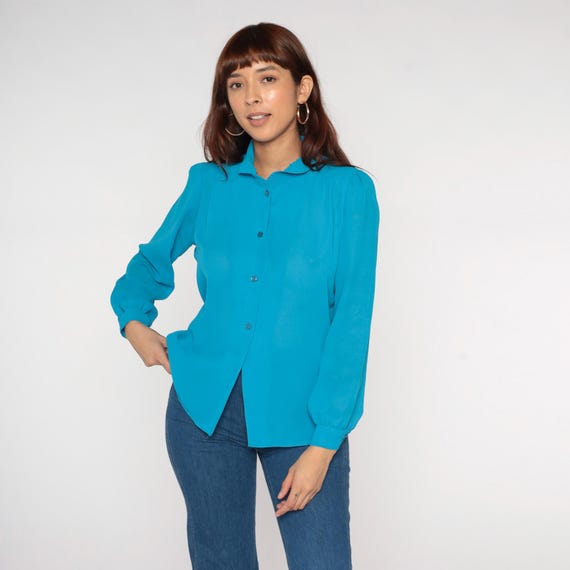 Turquoise Blouse 70s Button Up Shirt Pleated Collar Long Sleeve Vintage Blue Teal Top Office Blouse Preppy Professional Business Small S