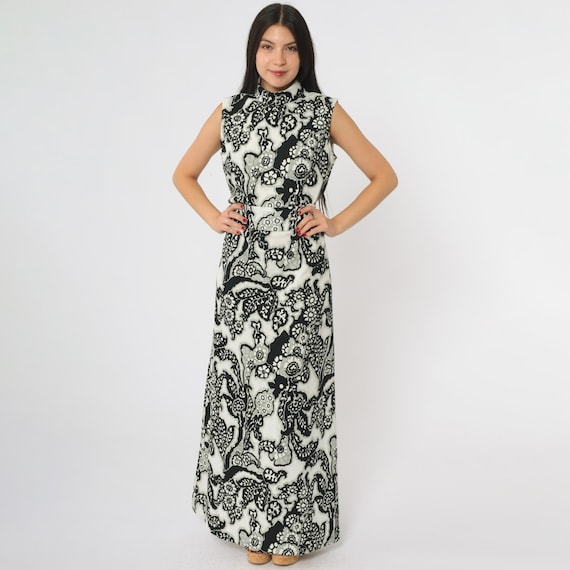 Paisley Maxi Dress 70s Chapter Two Brand Black White Abstract Floral Mock Neck Sleeveless Polyester Bohemian Vintage Hippie Medium M 14
