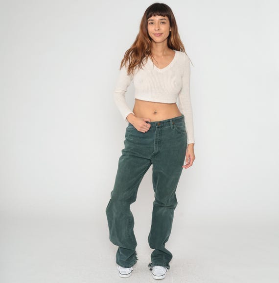 Green Wrangler Jeans Distressed Frayed 90s Cotton Vintage Straight Leg Denim Menswear Grunge Workwear Americana Western Cowboy Rodeo Size 35