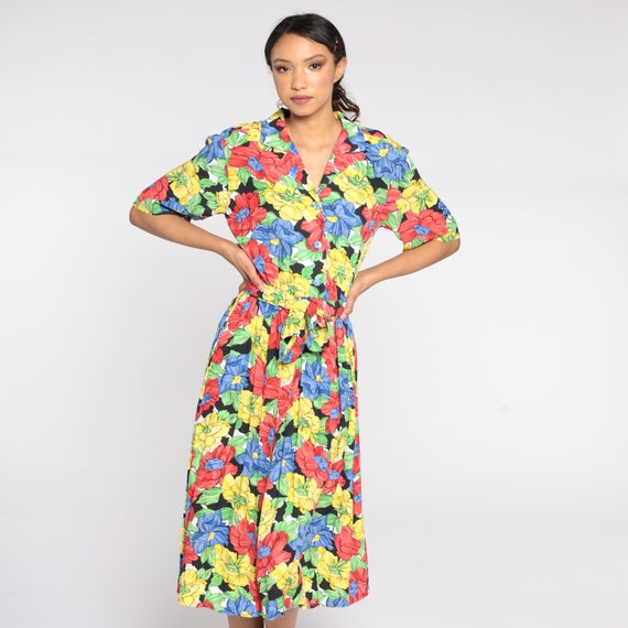 Bright Floral Dress Midi Dress Bohemian Button Up Summer Dress 80s Vintage Boho High Waisted 1980s Short Sleeve Red Yellow Blue Medium Large