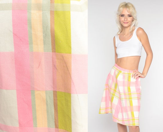 60s Plaid Skirt Pink Green Checkered Skirt Retro … - image 1