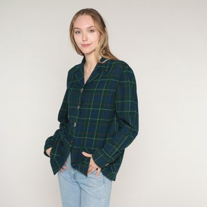 Blue Plaid Jacket Y2k Green Pendleton Wool Button Up Blazer Retro Checkered Print Collared Coat Basic Fall Collar Vintage 00s Small S image 4