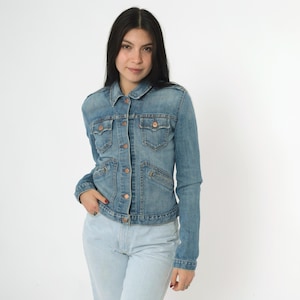 Y2K Levi&#39;s Denim Jacket Blue Jean Jacket Fitted Cropped Button up Levi Strauss Stretch Trucker Vintage 00s Extra Small xs JR