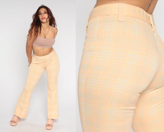 70s Plaid Bellbottoms Flared Pants Peach Tartan Trousers High Waisted Bell Bottoms Checkered Seventies Retro Flares Vintage 1970s Medium M