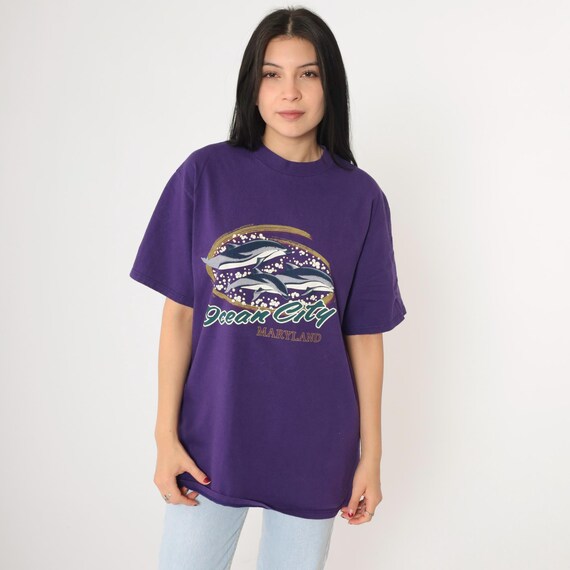 Vintage Ocean City Maryland T Shirt L 90s Dolphin Shirt Purple Graphic Tshirt Short Sleeve Beach Retro Tee Size Large Unisex