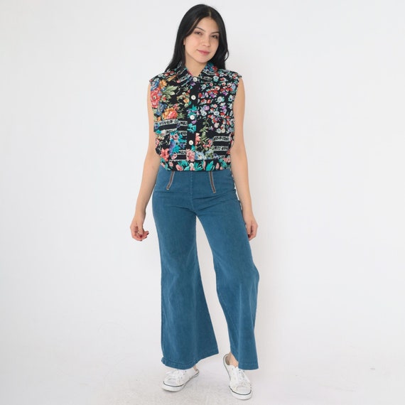 Vintage 90s Patchwork Crop Top Floral Cropped Black Vest Button Up Tank Top Sleeveless Blouse Hippie Retro Festival Boho 1990s Medium