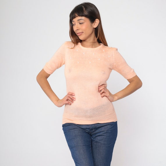 Beaded Peach Sweater Top 80s Knit Blouse Vintage Pastel Round Neckline Shirt Short Sleeve 1980s Vintage Retro Small