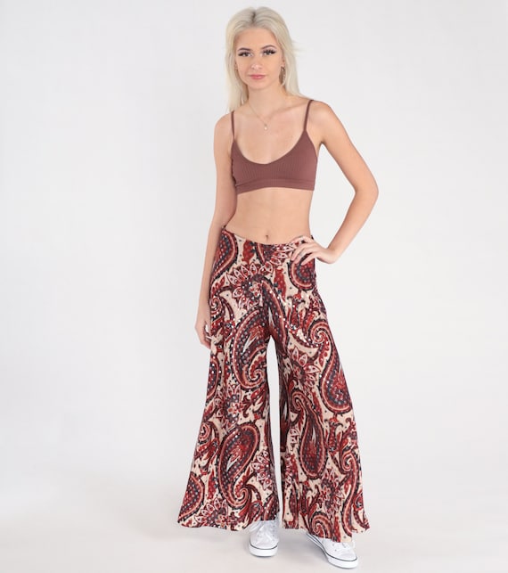 Paisley Bell Bottom Pants 70s Metallic Psychedelic Pants Bohemian Hippie Trousers High Waisted Boho Festival Wide Leg Red Cream Small