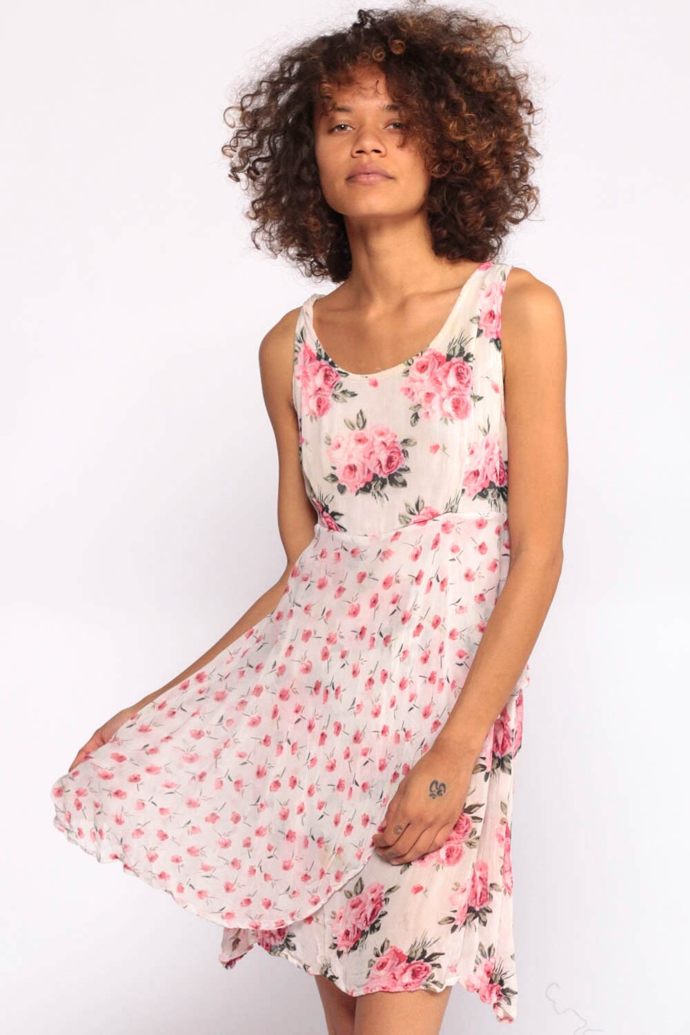 Pink Floral Dress Grunge MINI 90s Sleeveless Hippie Floaty White Summer 1990s Bohemian Festival 