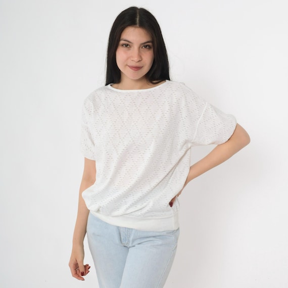 Vintage White Pointelle Knit Shirt 80s Sheer Short Sleeve Pullover 1980s Casual Retro Top Diamond Pattern Feminine Medium M