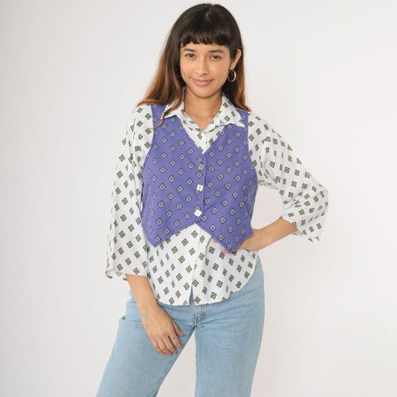 90s Geometric Button Up Shirt White Purple Attached Vest Shirt Diamond Print Button Up Shirt 3/4 Long Sleeve Vintage 1990s Medium