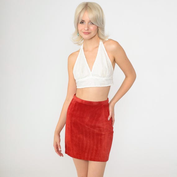 Vintage Suede Mini Skirt 90s Red Leather Skirt Pencil Wiggle Party Retro Simple Plain High Waisted 1990s Extra Small xs Youth 12