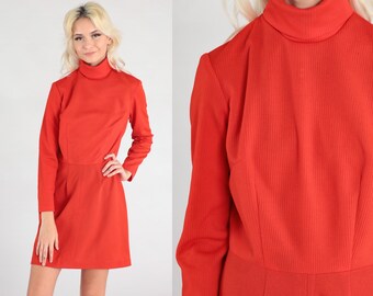 60s Mod Turtleneck Dress Red Mod Mini High Waisted Vintage 70s Plain High Neck Long Sleeve 1970s Twiggy Gogo Small