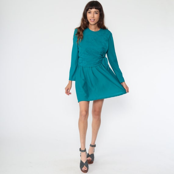 Puff Sleeve Dress 80s Floral Dress Teal Print Boho Mini Fit and Flare Summer Vintage Sheath Bohemian Long Sleeve Small Medium