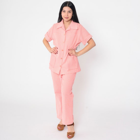 70s Outfit Two Piece Matching Set Pants Top Pink Checkered Print Short Sleeve Button up Hippie Jumpsuit Collared Tunic Vintage 1970s Large L
