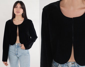 Black Velvet Blazer 80s Open Front Jacket Tailored Simple Basic Plain Chic Cocktail Jacket Rounded Hem Retro Formal Vintage 1980s Small S