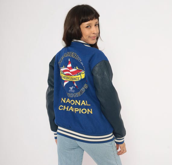 Blue Varsity Jacket 2000s Cheer Dance Wool Leather Sleeve Letterman Trim Navy Bomber Collegiate Championship Embroidered Star Coat Small S