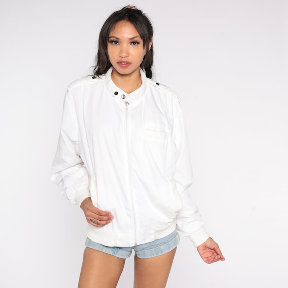 80s White Bomber Jacket Retro Zip Up Windbreaker Hipster Plain Cafe Racer Moto Basic Light Normcore Streetwear Coat Vintage 1980s Mens Large