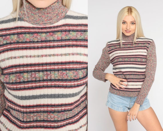 Striped Turtleneck Sweater Y2K Space Dye Knit Swe… - image 1