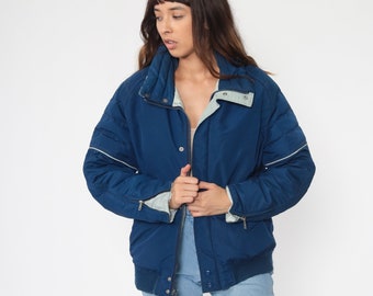 Blue PUFFER Jacket Ski Jacket Goose Down Jacket Retro 80s Puffy Coat Winter Jacket Striped Coat 1980s Puff Jacket Medium Large