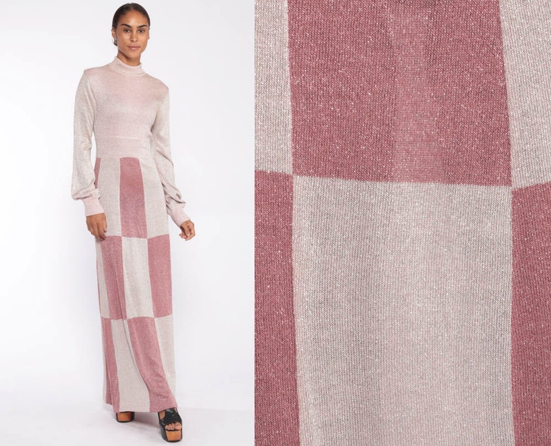Metallic Knit Dress Pink Silver Sweater Dress 70s Maxi Etsy