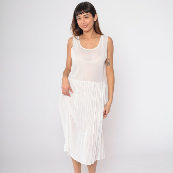 Sheer White Dress 80s Fortuny Pleated Midi Dress Boho Sundress Drop Waist Sleeveless Thin Lightweight Casual Dress Vintage 1980s Large 12