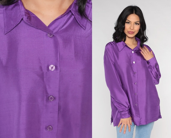 Purple Silk Blouse 90s Button Up Top Collar Formal Preppy Collared Shirt Plain Minimalist Long Sleeve Vintage 1990s Large L
