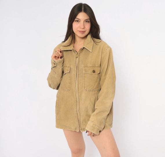 90s Gap Corduroy Jacket Beige Zip Front Cotton Shacket Khaki Chore Coat Long Sleeve Boxy Camel Grandpacore Workwear Unisex Vintage Small S