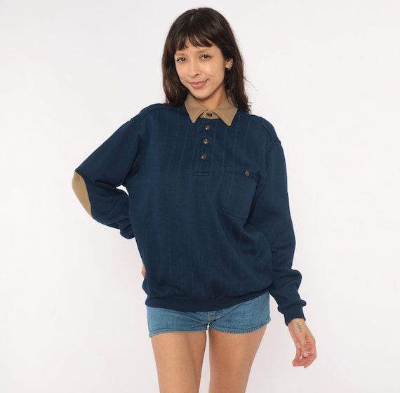 90s Elbow Patch Polo Sweater Navy Blue Tan Henley Pullover Chest Pocket Pinstripe Preppy Academic Collegiate Vintage Top Shirt Medium M