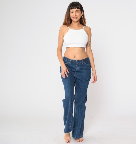 80s Flared Jeans Dark Wash Blue Bootcut Jeans High Waisted Rise Retro Denim Flares Pants Basic Vintage 1980s Medium 33