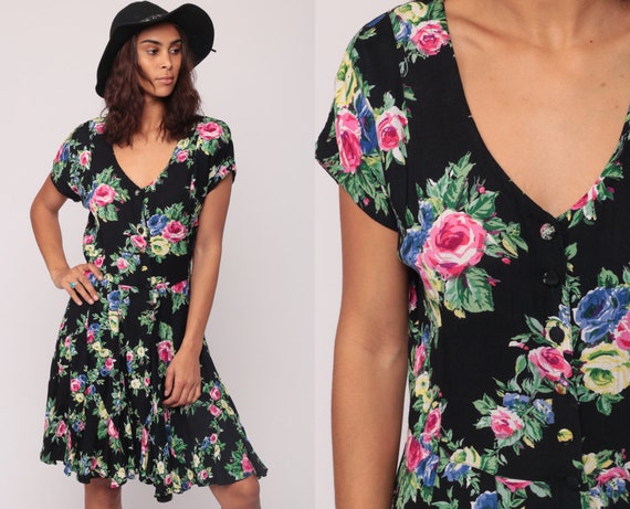 90s Mini Dress Floral Grunge Print Button Up DROP WAIST Boho Pink Black Rayon Deep V Neck Sheath Vintage Short Sleeve Medium