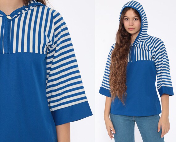 Striped Hooded Shirt 70s Top Blue Boho Blouse Hoodie Tshirt Striped Shirt 3/4 Sleeve Bohemian Hippie Retro T Shirt Vintage White Small