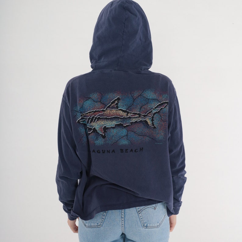 90s Laguna Beach Shirt Hooded Shark Shirt TShirt Surfer Hoodie Shirt Crazy Shirts Navy Blue 1990s California Tee Vintage Long Sleeve Medium image 6