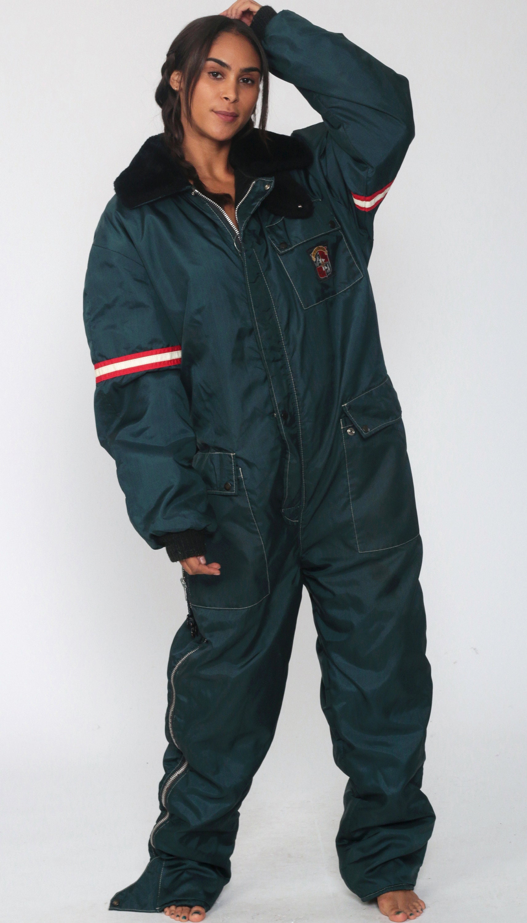 Vintage Ski Suit 70s Navy ONE PIECE Snowsuit Striped Puffy Retro Belted