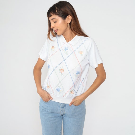 Floral Embroidered Top 90s White Polo Shirt Paste… - image 2
