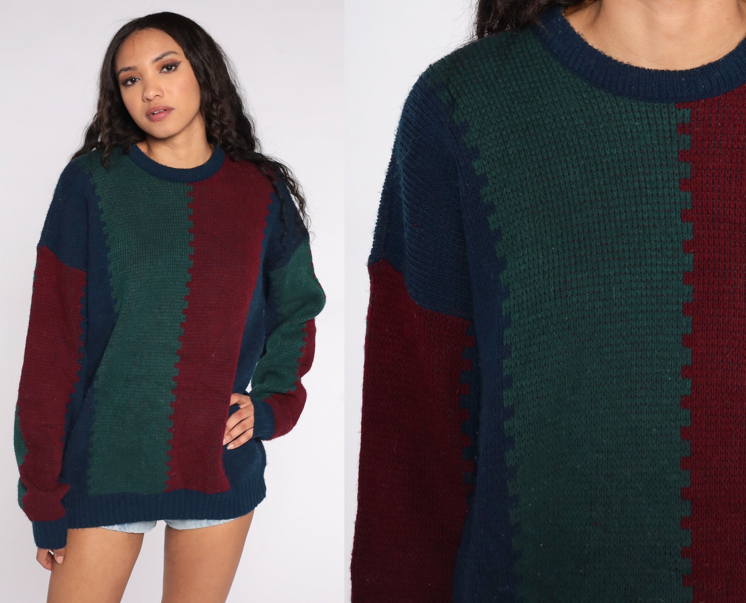Color Block Sweater Green Burgundy Sweater Knit 80s Pullover - Etsy Denmark