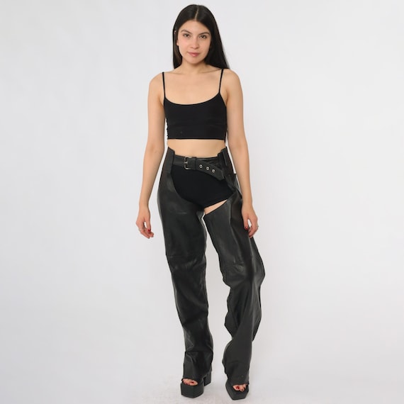 Black Leather Chaps 90s Western Cowboy Ranch Biker Pants Belted Buckle Lace Up Back Zipper Legs Vintage Motorcycle Gear Size Large L