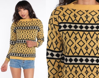 Geometric Wool Sweater Yellow Boho Sweater Boatneck Sweater 70s Bohemian Sweater Striped Vintage Pullover Sweater Jumper Knit Medium