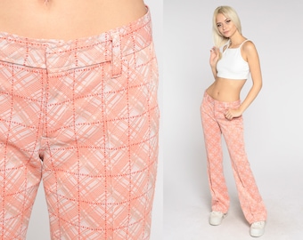 70s Bell Bottom Pants Orange Checkered Trousers Mid Rise Flared Pants Groovy Hippie Bellbottoms Flares Seventies Vintage 1970s Medium Tall