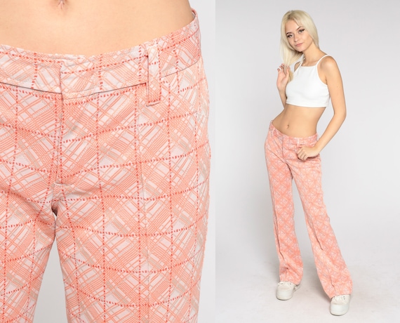 70s Bell Bottom Pants Orange Checkered Trousers Mid Rise Flared Pants Groovy Hippie Bellbottoms Flares Seventies Vintage 1970s Medium Tall
