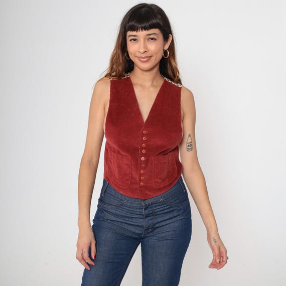 Corduroy Vest 80s Vintage Rust Terracotta Paisley Back Deep V Neck Button Front Cotton Pockets Fitted Waist Western Boho  Medium M