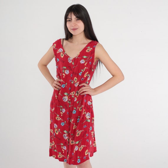 Red Floral Dress 90s Button up Mini Dress Cursive… - image 3