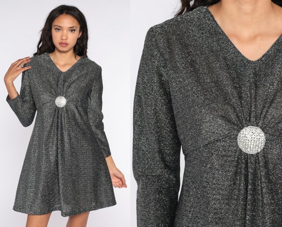 70s Babydoll Dress Metallic Silver Dress Mini Party Cocktail Hippie Long Sleeve 1970s Boho Vintage Empire Waist Mod Large L