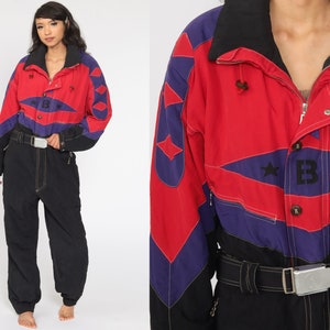 90s Snowsuit Men&#39;s 40 Ski Suit One Piece Winter Black Red Ski Suit Belted 1990s Retro Vintage Sportswear Medium